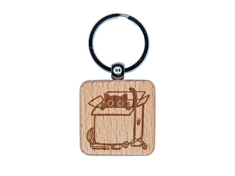 Cat in Box Blank for Notes Lists Memos Engraved Wood Square Keychain Tag Charm