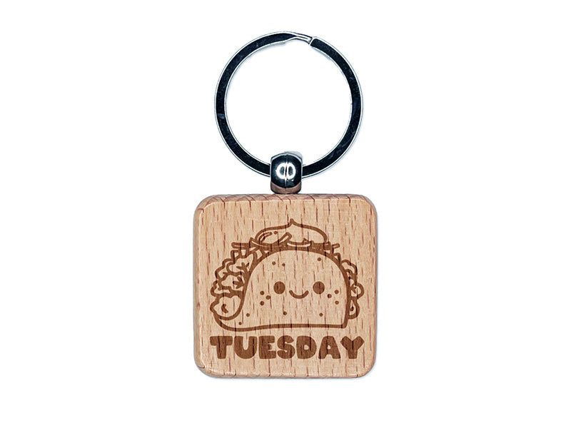 Happy Taco Tuesday Engraved Wood Square Keychain Tag Charm