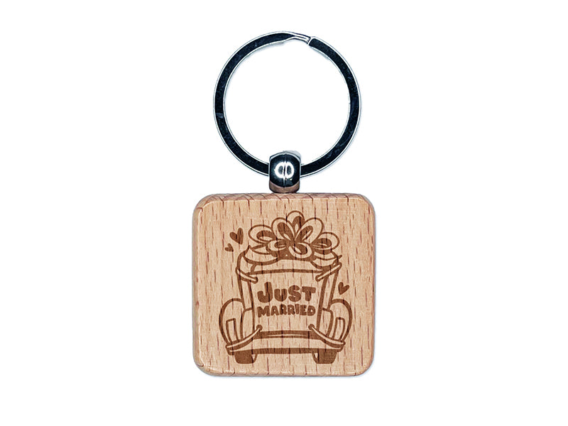 Just Married Vintage Car with Bow Engraved Wood Square Keychain Tag Charm