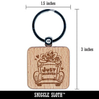 Just Married Vintage Car with Bow Engraved Wood Square Keychain Tag Charm