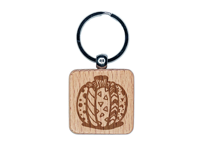 Patterned Pumpkin Fall Autumn Halloween Engraved Wood Square Keychain Tag Charm