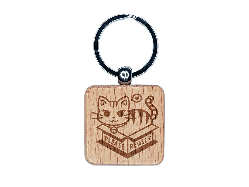 Please Reuse Recycle Cat Sitting in Box Engraved Wood Square Keychain Tag Charm