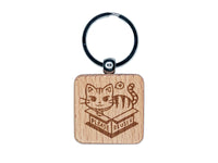 Please Reuse Recycle Cat Sitting in Box Engraved Wood Square Keychain Tag Charm