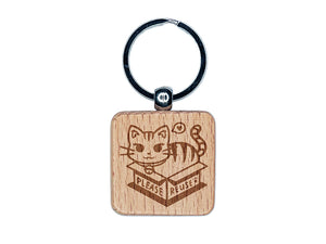 Please Reuse Recycle Cat Sitting in Box Engraved Wood Square Keychain Tag Charm