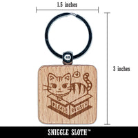 Please Reuse Recycle Cat Sitting in Box Engraved Wood Square Keychain Tag Charm