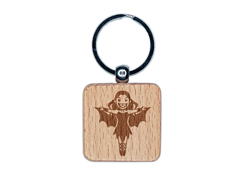 Cartoon Vampire Woman Halloween Engraved Wood Square Keychain Tag Charm