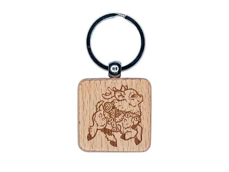 Festive Prancing Holiday Christmas Reindeer with Bells Engraved Wood Square Keychain Tag Charm