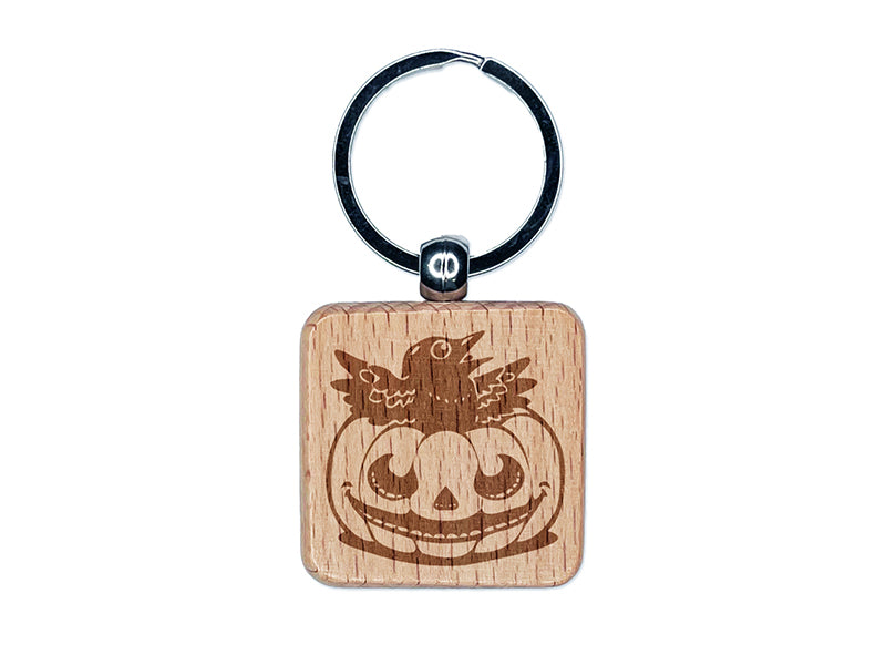 Little Raven Crow in Jack-O'-Lantern Pumpkin Halloween Engraved Wood Square Keychain Tag Charm