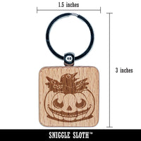 Little Raven Crow in Jack-O'-Lantern Pumpkin Halloween Engraved Wood Square Keychain Tag Charm