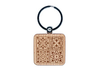 Mediterranean Mosaic Floral Tiles Pattern Engraved Wood Square Keychain Tag Charm