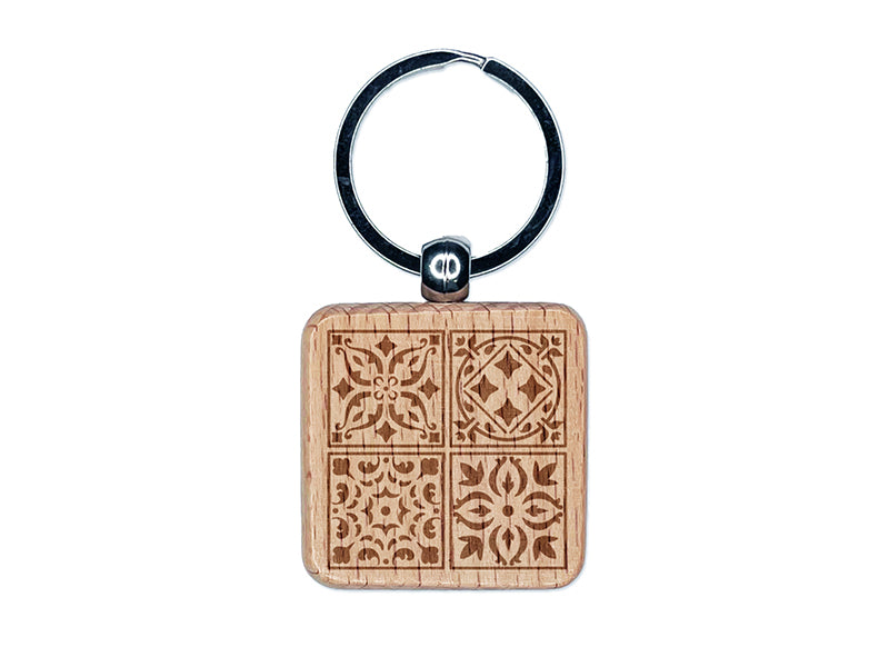 Mediterranean Mosaic Floral Tiles Pattern Engraved Wood Square Keychain Tag Charm