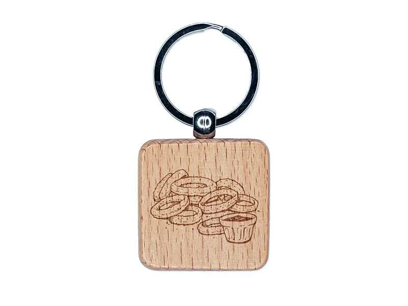 Onion Rings with Dipping Sauce Ketchup Fast Food Engraved Wood Square Keychain Tag Charm