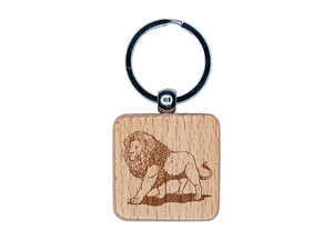 Regal Maned Lion Walking Engraved Wood Square Keychain Tag Charm