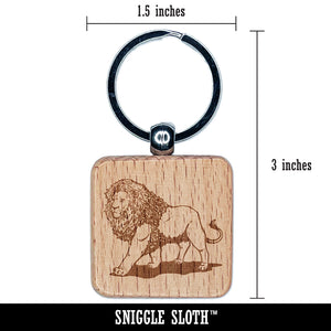 Regal Maned Lion Walking Engraved Wood Square Keychain Tag Charm