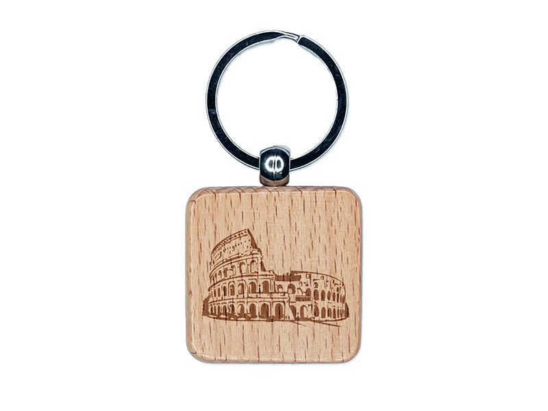 Roman Rome Colosseum Amphitheatre Italy Landmark Engraved Wood Square Keychain Tag Charm