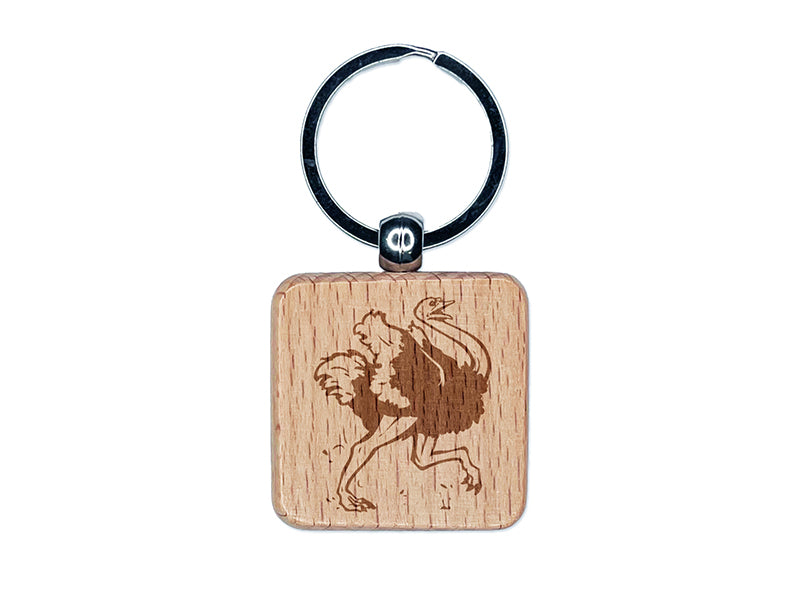 Running Ostrich Giant Bird Engraved Wood Square Keychain Tag Charm