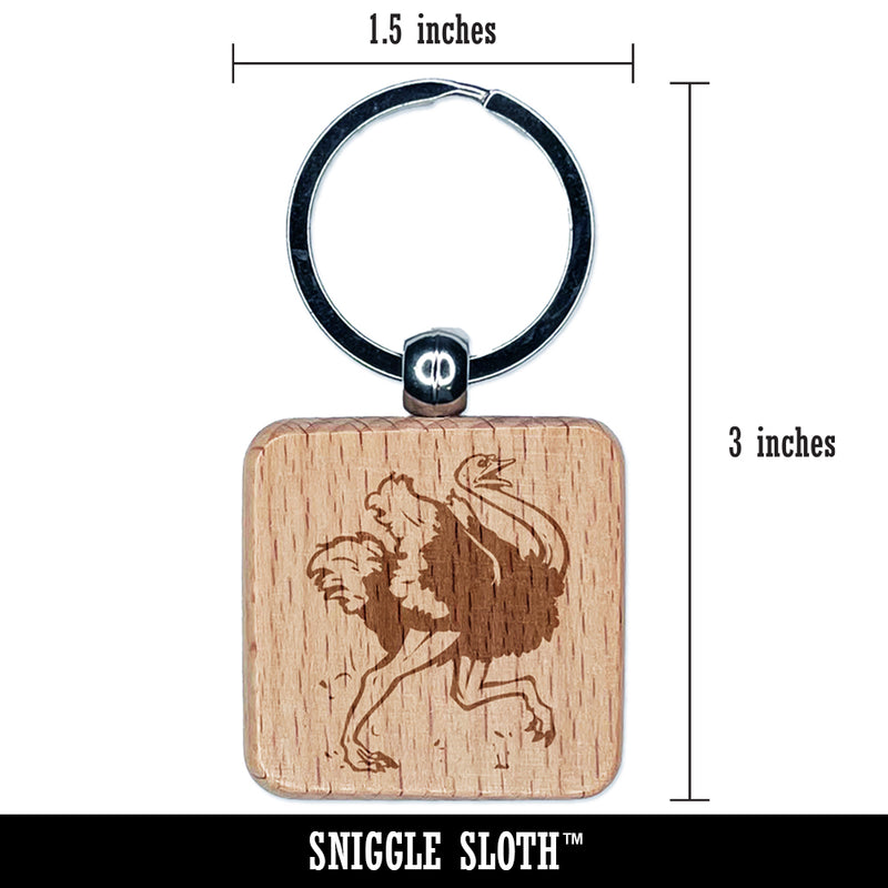 Running Ostrich Giant Bird Engraved Wood Square Keychain Tag Charm