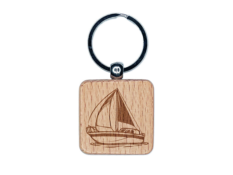 Simple Sailboat on Ocean Water Engraved Wood Square Keychain Tag Charm