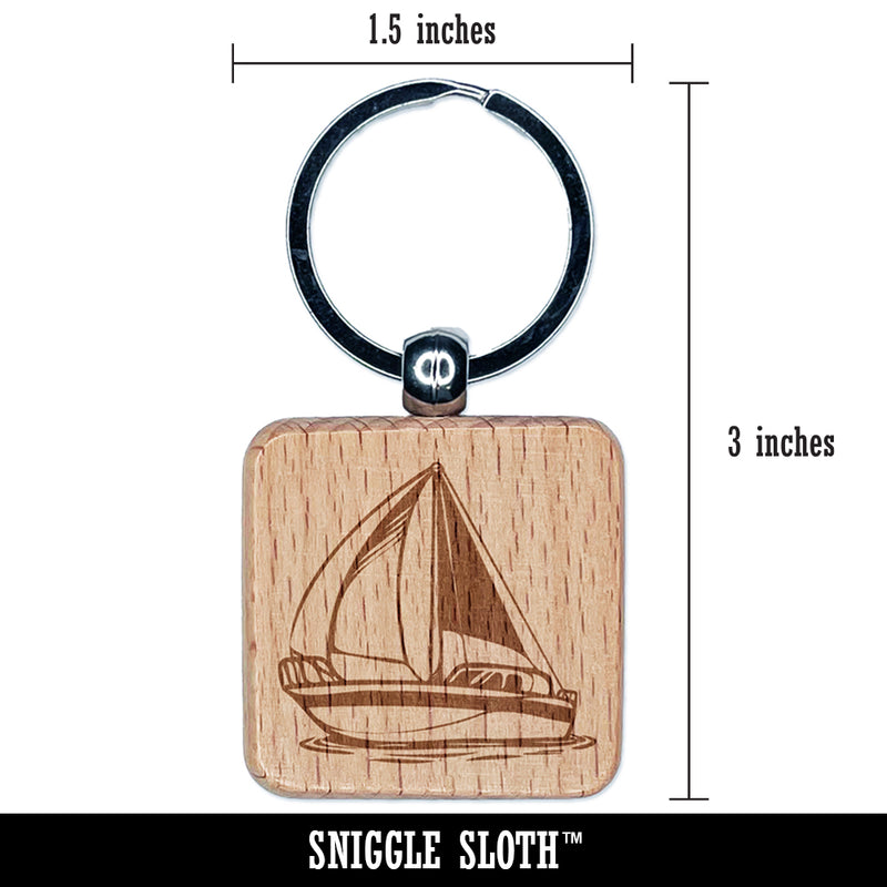 Simple Sailboat on Ocean Water Engraved Wood Square Keychain Tag Charm