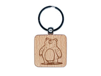 Sketchy Chubby Standing Grizzly Bear Engraved Wood Square Keychain Tag Charm