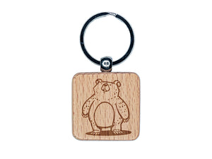 Sketchy Chubby Standing Grizzly Bear Engraved Wood Square Keychain Tag Charm