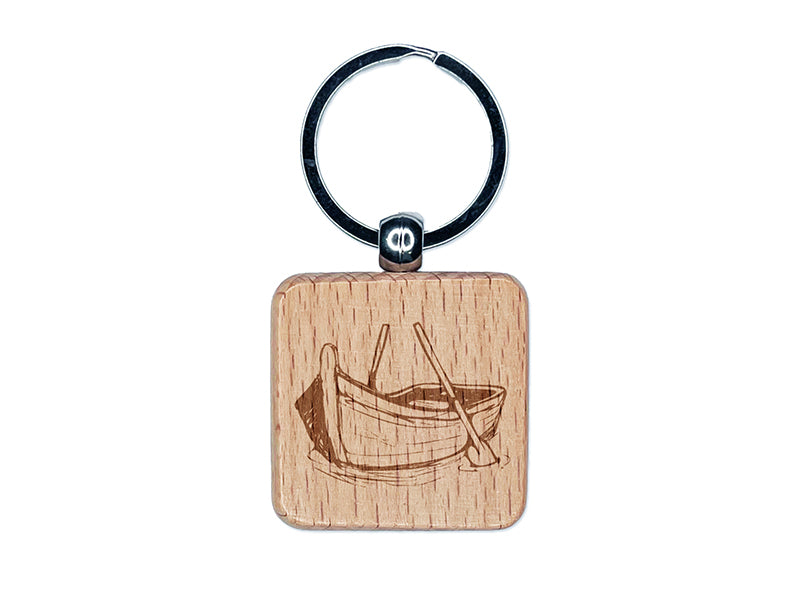 Sketchy Rowboat on the Water with Paddles Engraved Wood Square Keychain Tag Charm