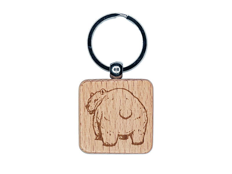 Standing Bear Looking Behind Engraved Wood Square Keychain Tag Charm