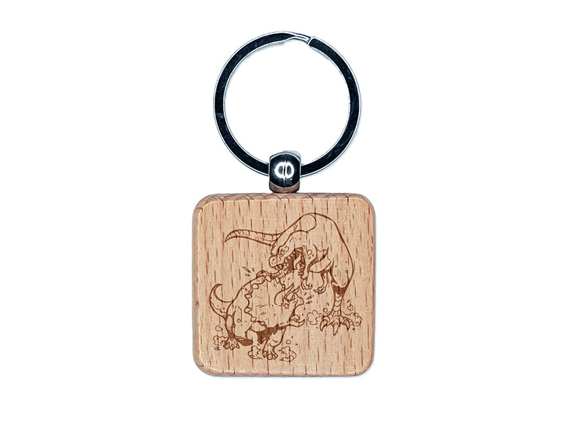 Triceratops and T-Rex Dinosaurs Fighting Engraved Wood Square Keychain Tag Charm