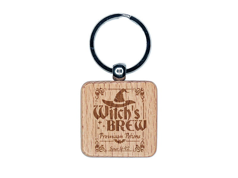 Witch's Brew Potions Label With Bat Halloween Engraved Wood Square Keychain Tag Charm