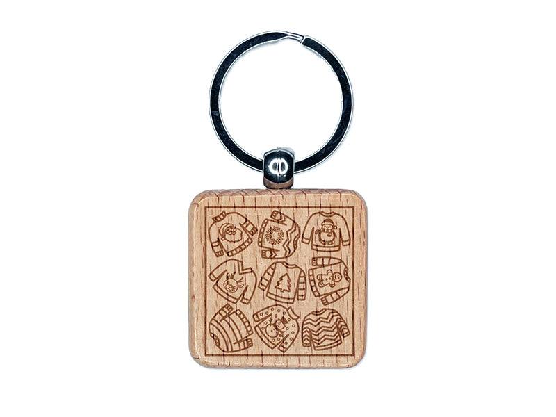 Bunch of Cute Ugly Christmas Sweaters Engraved Wood Square Keychain Tag Charm