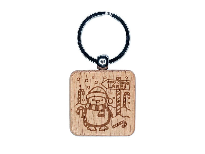 Candy Cane Lane Penguin Christmas Engraved Wood Square Keychain Tag Charm