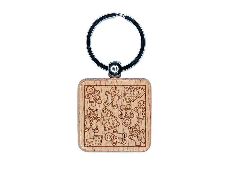 Christmas Cookie Pattern Engraved Wood Square Keychain Tag Charm