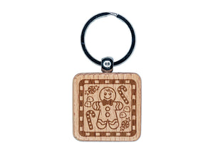 Christmas Treats Gingerbread Peppermint Candy Cane Gumdrops Engraved Wood Square Keychain Tag Charm