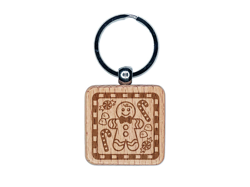 Christmas Treats Gingerbread Peppermint Candy Cane Gumdrops Engraved Wood Square Keychain Tag Charm