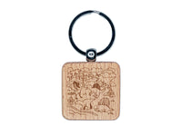 Dinosaurs Landscape Engraved Wood Square Keychain Tag Charm