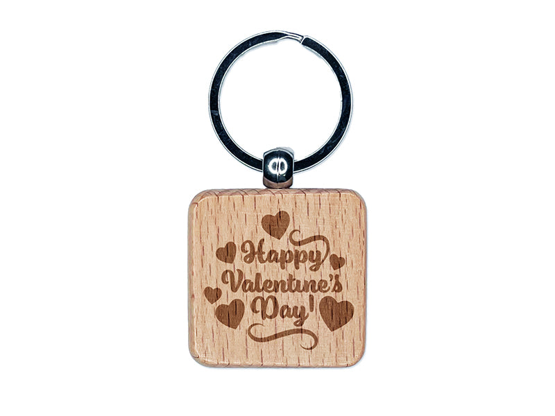 Happy Valentine's Day with Hearts Engraved Wood Square Keychain Tag Charm