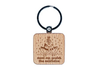 Kissing Birds Meet Me Under the Mistletoe Christmas Engraved Wood Square Keychain Tag Charm