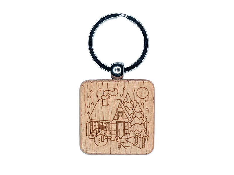 Winter House with Christmas Decorations Snowman Engraved Wood Square Keychain Tag Charm