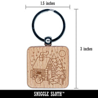 Winter House with Christmas Decorations Snowman Engraved Wood Square Keychain Tag Charm