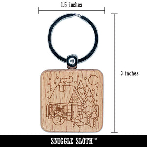 Winter House with Christmas Decorations Snowman Engraved Wood Square Keychain Tag Charm