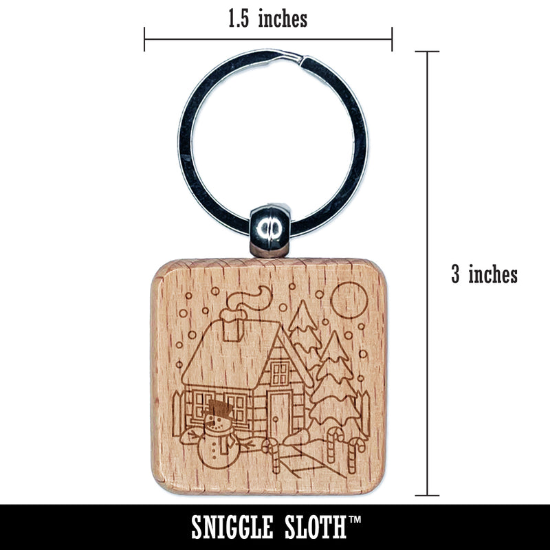 Winter House with Christmas Decorations Snowman Engraved Wood Square Keychain Tag Charm