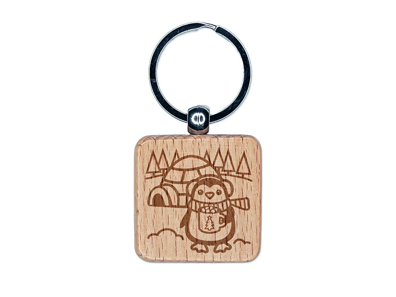 Winter Penguin Igloo with Hot Chocolate Engraved Wood Square Keychain Tag Charm
