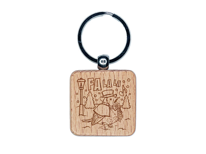 Winter Singing Falala Bird Christmas Engraved Wood Square Keychain Tag Charm