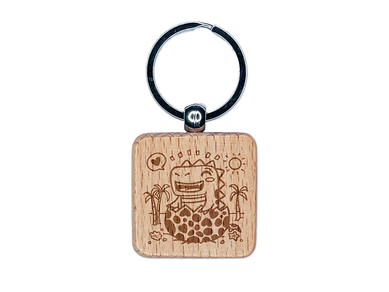 Baby Dinosaur Hatchling on Beach Engraved Wood Square Keychain Tag Charm
