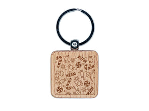 Christmas Candy Canes Lollipop Snowflakes Engraved Wood Square Keychain Tag Charm