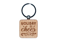 Christmas Holiday Cheer Candy Cane and Holly Engraved Wood Square Keychain Tag Charm