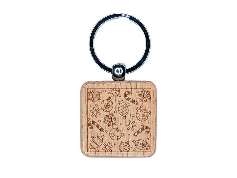 Christmas Ornaments Snowflakes Candy Canes Engraved Wood Square Keychain Tag Charm