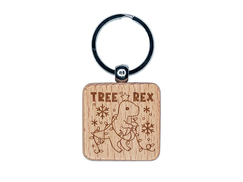 Christmas Tree Rex T-Rex Tyrannosaurus Dinosaur Pun Engraved Wood Square Keychain Tag Charm