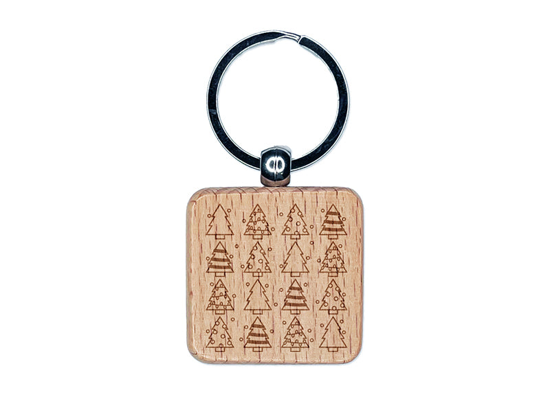 Christmas Trees Galore Pattern Engraved Wood Square Keychain Tag Charm