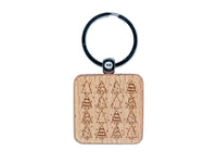 Christmas Trees Galore Pattern Engraved Wood Square Keychain Tag Charm